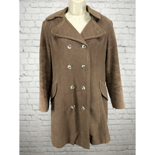 VTG Brown Genuine Haedkesuede Suede Collared Pea Coat Long Jacket Size Small S