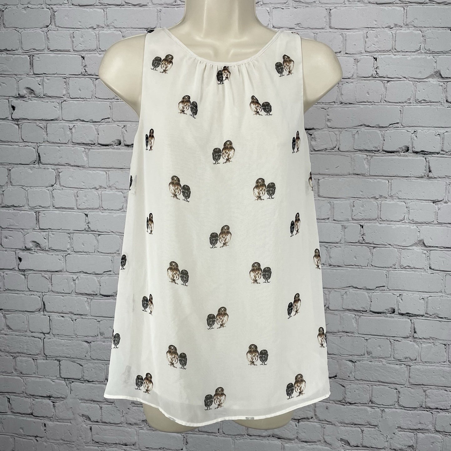 Trafaluc Zara Ivory Owl Semi Sheer Lightweight Sleeveless Top Blouse Tie Size XS