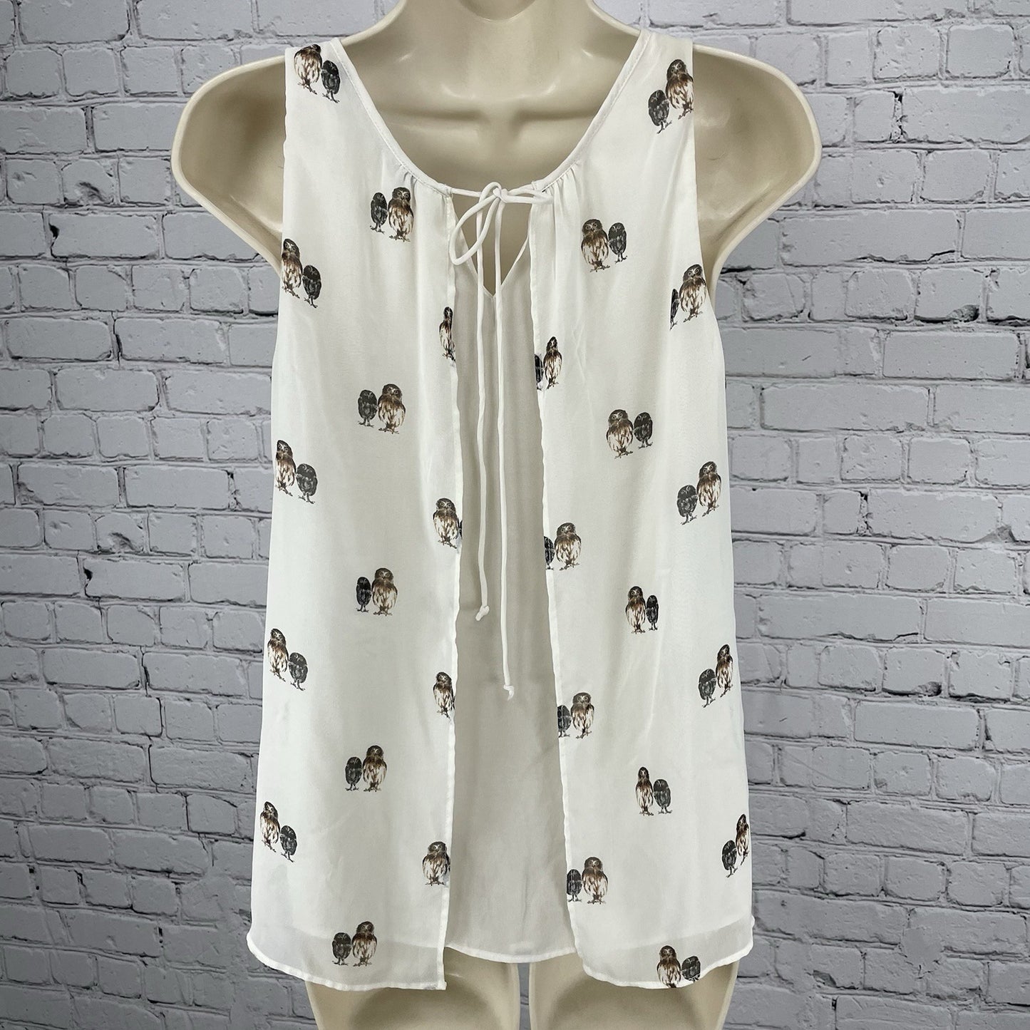 Trafaluc Zara Ivory Owl Semi Sheer Lightweight Sleeveless Top Blouse Tie Size XS