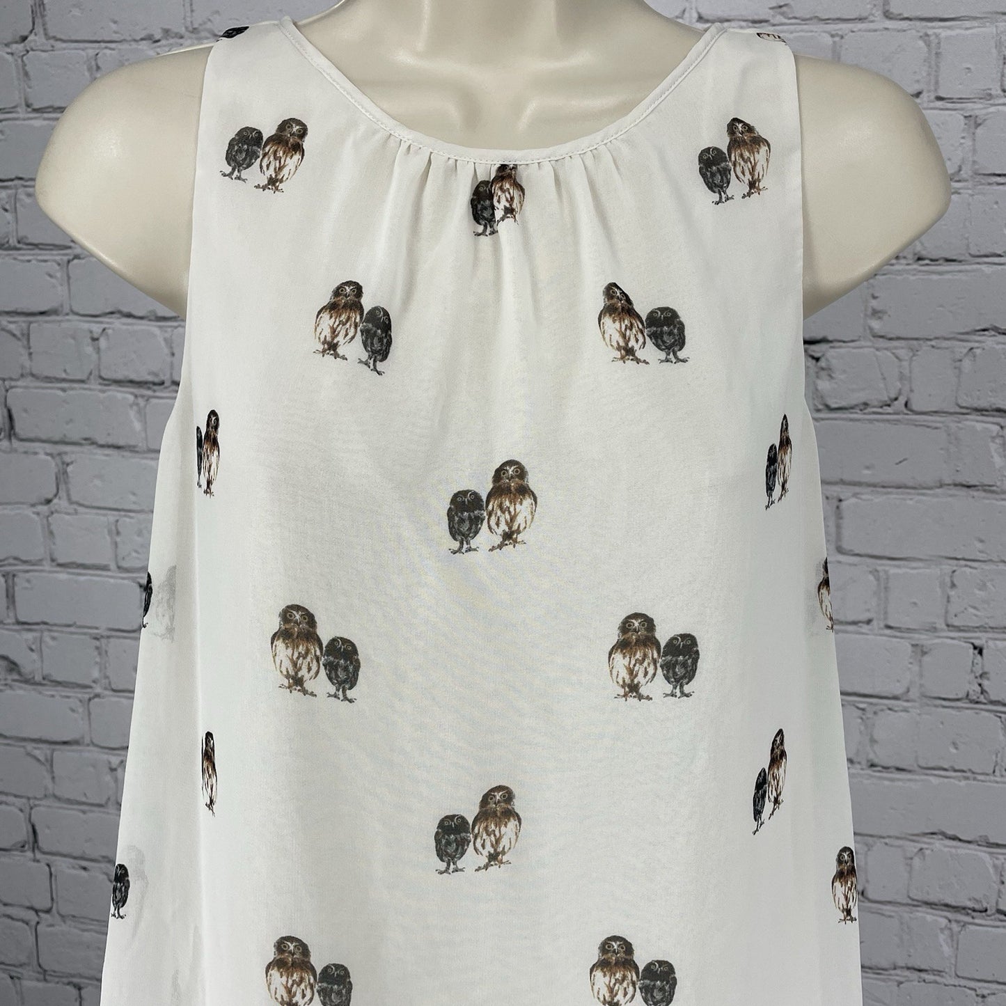 Trafaluc Zara Ivory Owl Semi Sheer Lightweight Sleeveless Top Blouse Tie Size XS