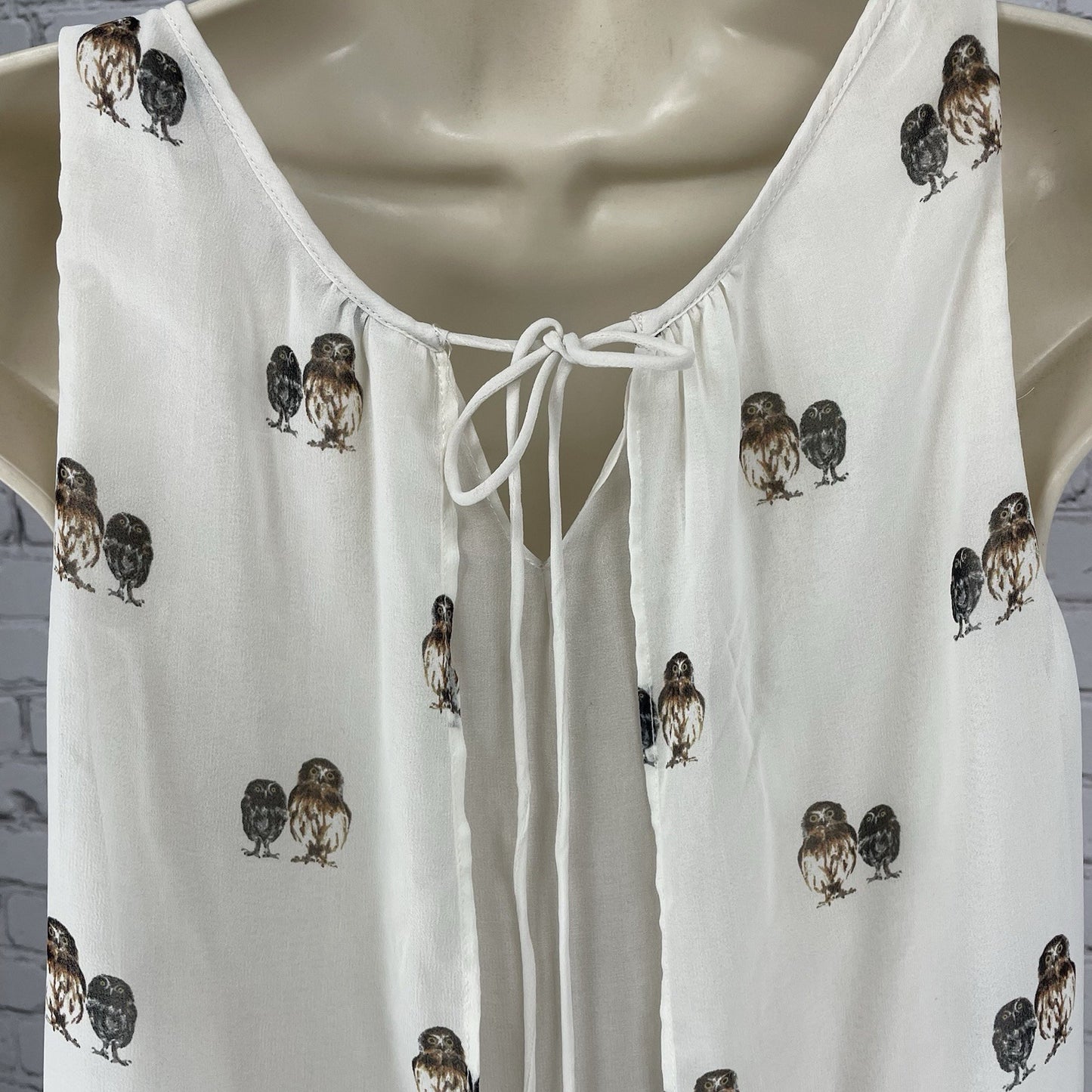 Trafaluc Zara Ivory Owl Semi Sheer Lightweight Sleeveless Top Blouse Tie Size XS