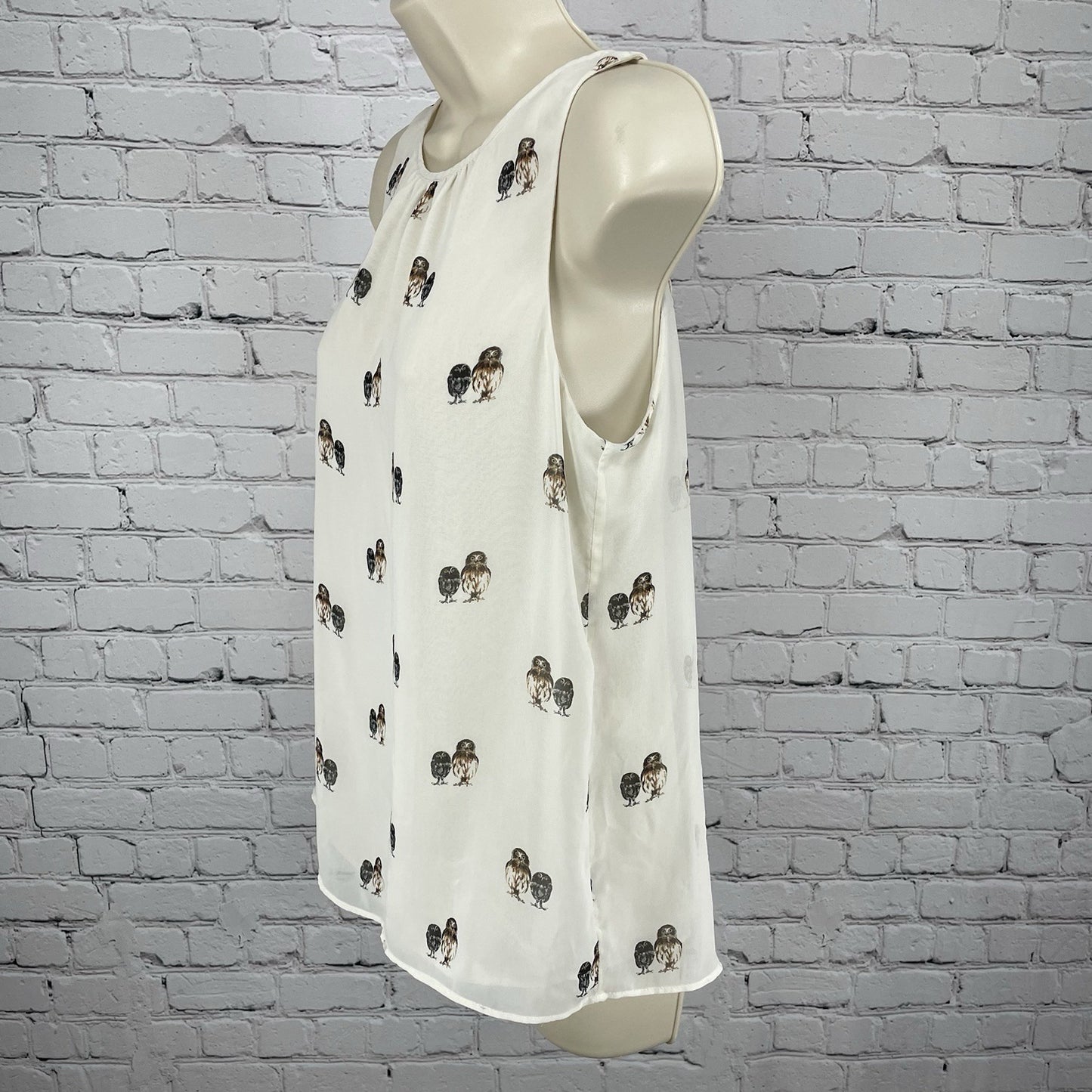 Trafaluc Zara Ivory Owl Semi Sheer Lightweight Sleeveless Top Blouse Tie Size XS