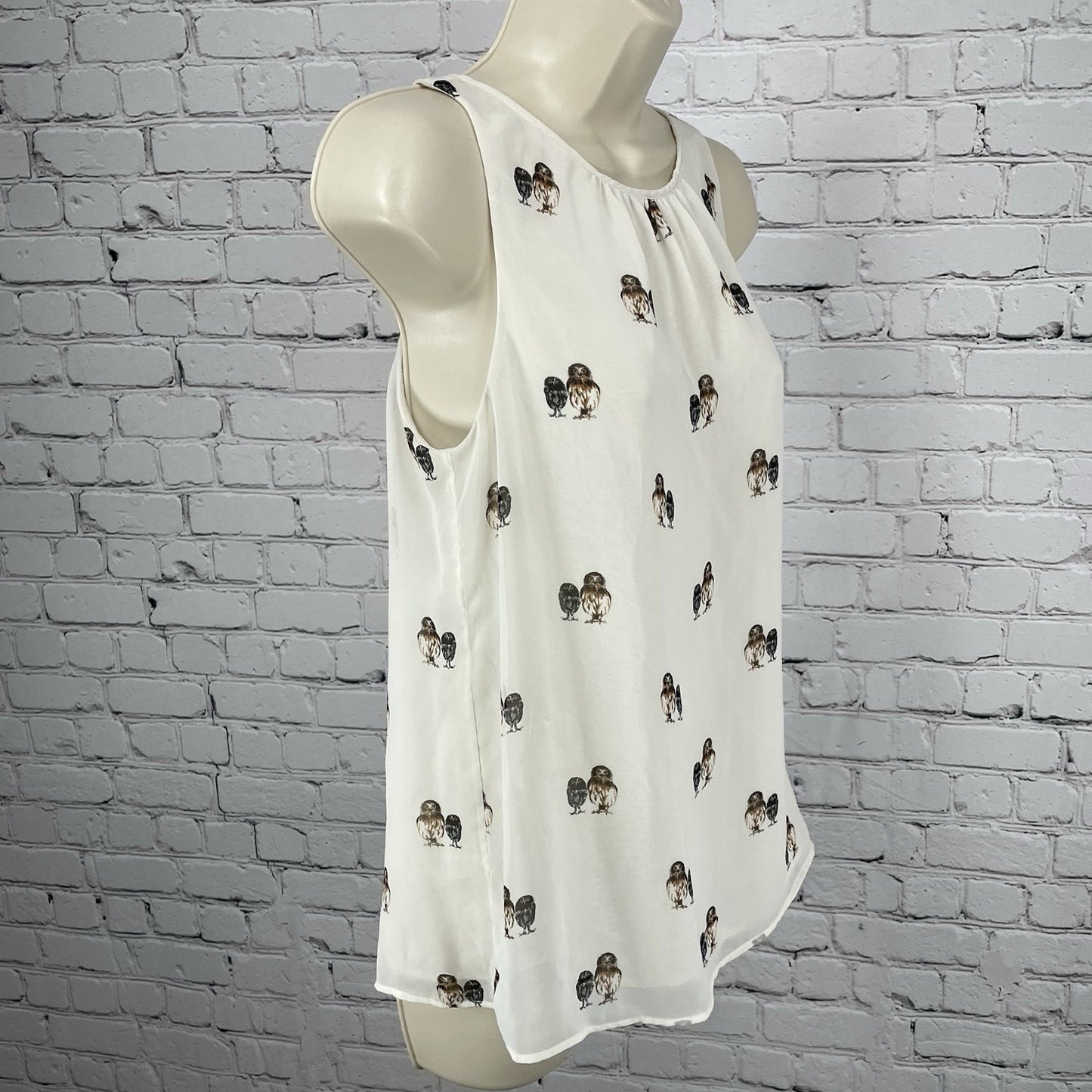 Trafaluc Zara Ivory Owl Semi Sheer Lightweight Sleeveless Top Blouse Tie Size XS