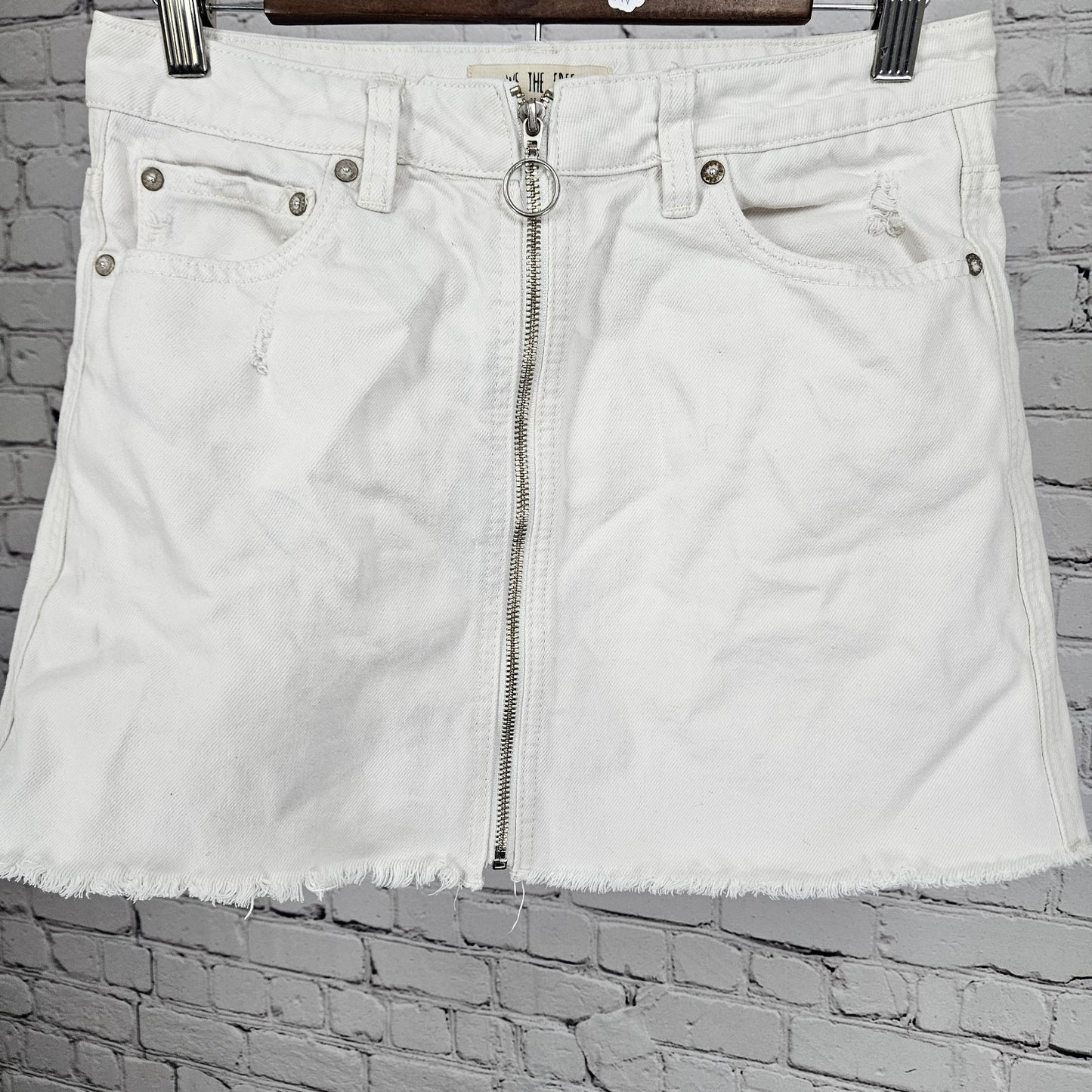 Free People We The Free White 100% Cotton Denim Distressed Zipper Mini Skirt 28