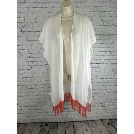 Do Everything In Love White Short Sleeve Aztec Boho Fringe Beach Cover Up O/S