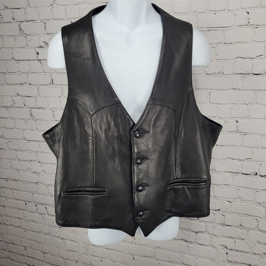 VTG Continental Leather Fashions Black Genuine Lamb Skin Buttoned Vest USA 48