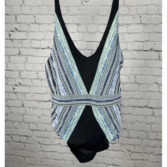 Embrace Your Curves Miracle Brand Black Blue Print Padded One Piece Swimsuit 2X