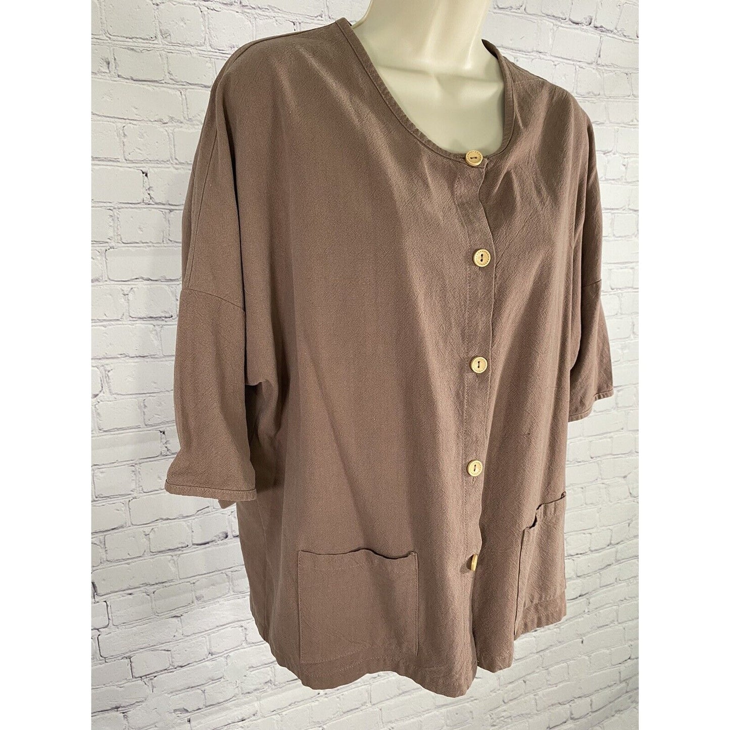 Ecupper Rayon Linen Blend Brown Short Sleeve Button Up Pockets M Medium