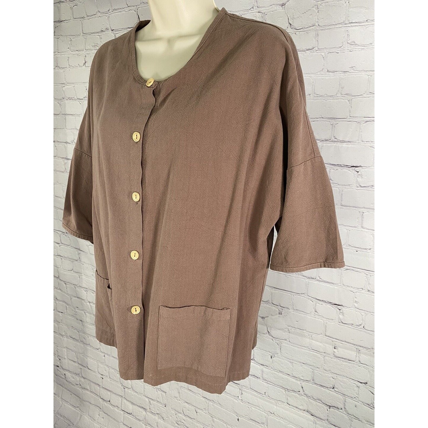 Ecupper Rayon Linen Blend Brown Short Sleeve Button Up Pockets M Medium