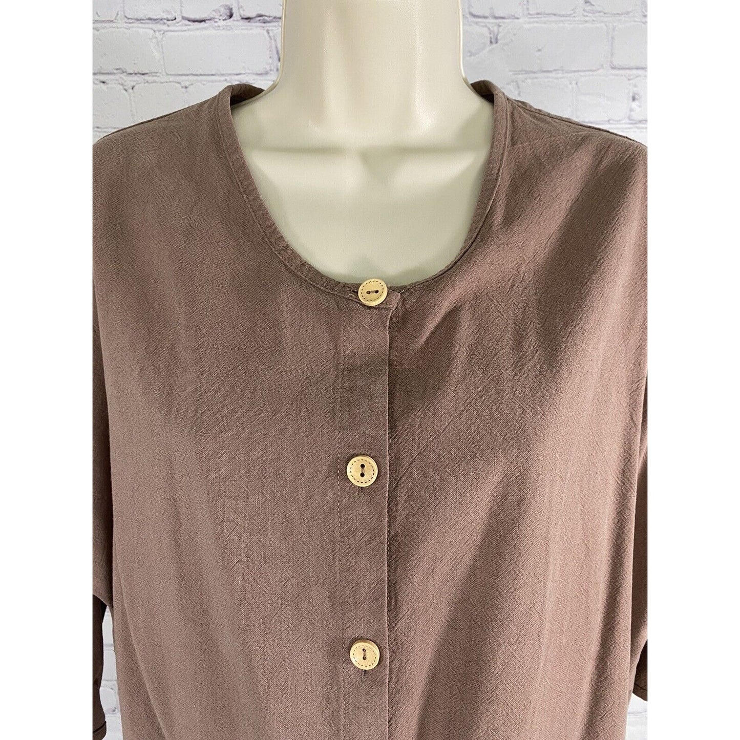 Ecupper Rayon Linen Blend Brown Short Sleeve Button Up Pockets M Medium