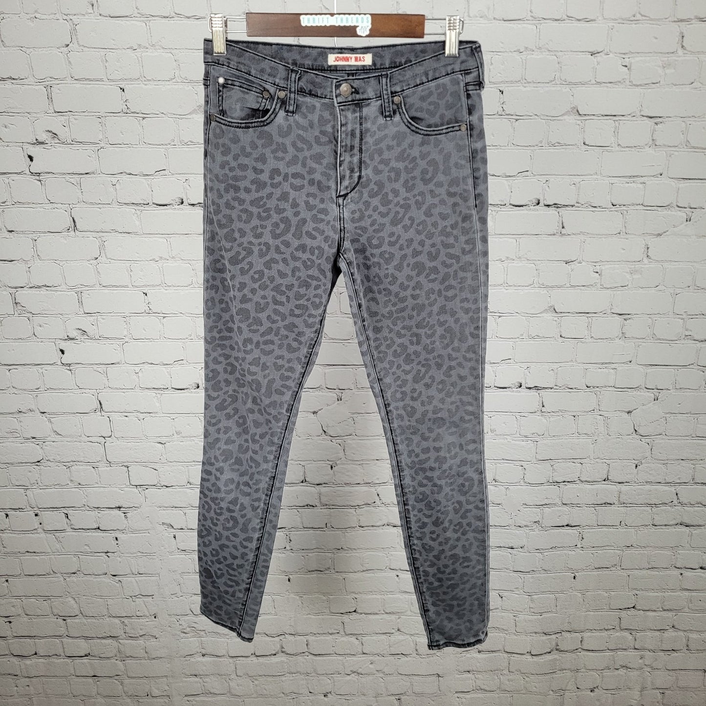 Johnny Was Grey Denim Leopard Mid Rise Skinny Stretch Jeans Size 26 (26x29)