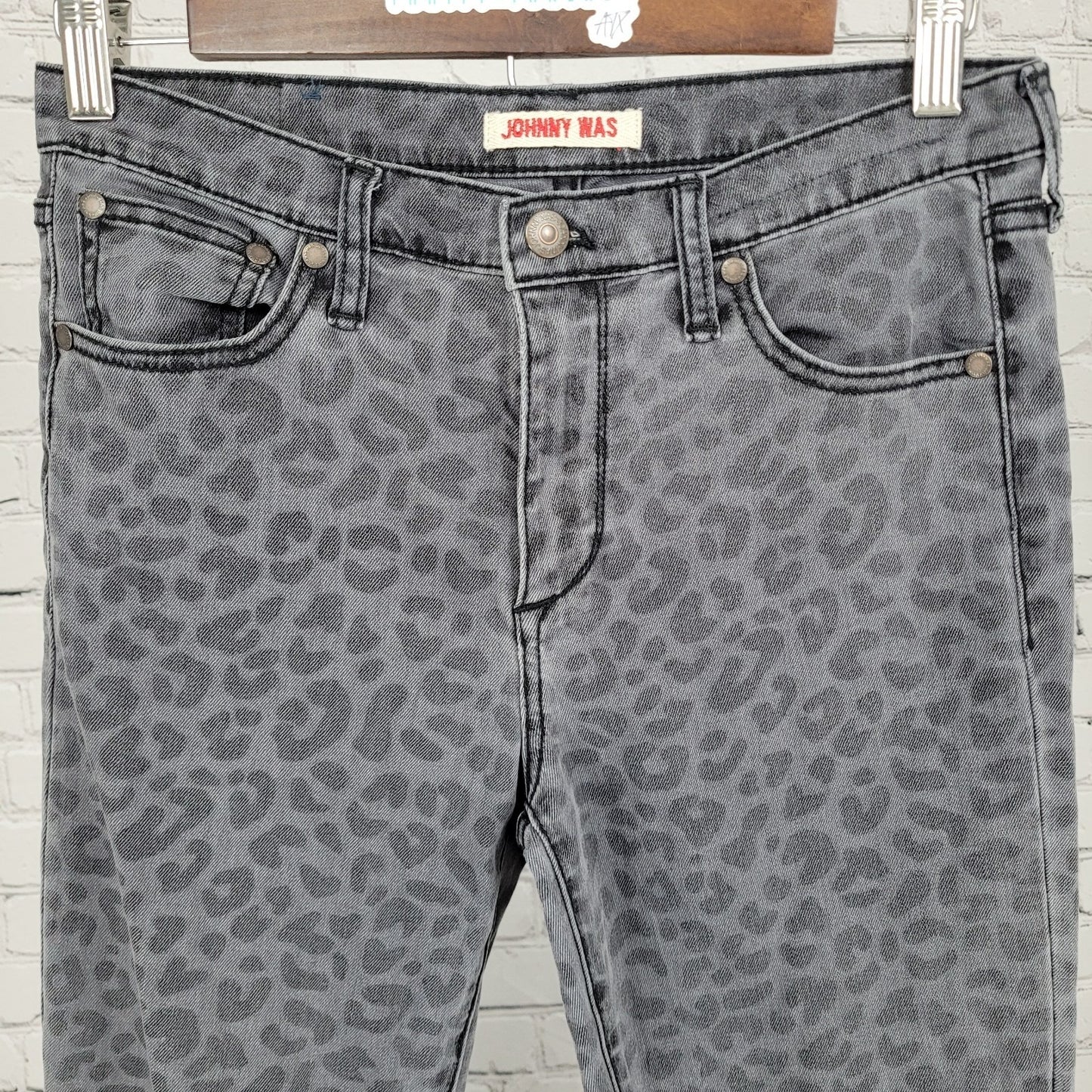 Johnny Was Grey Denim Leopard Mid Rise Skinny Stretch Jeans Size 26 (26x29)