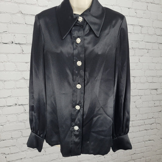 VTG Unbranded Black Satin Button Up Long Sleeve Blouse USA Union Made Size 14