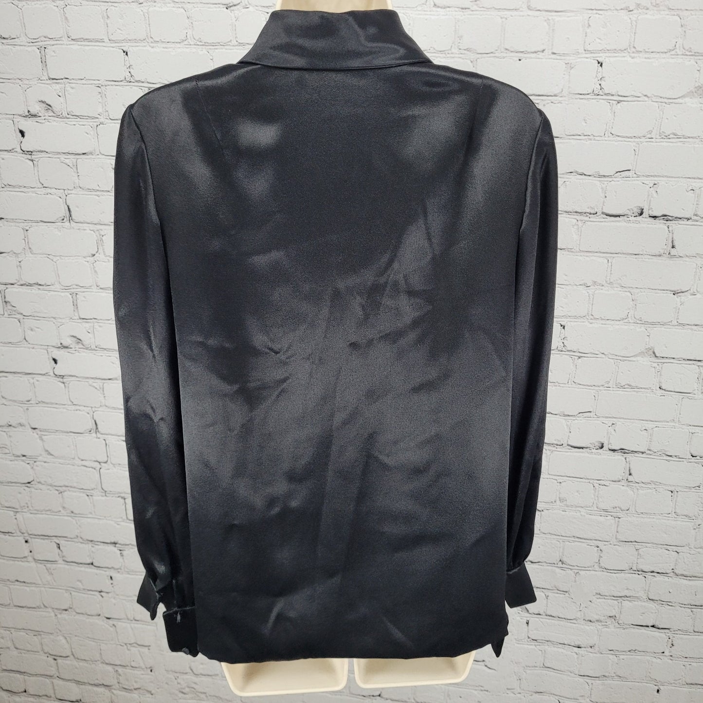 VTG Unbranded Black Satin Button Up Long Sleeve Blouse USA Union Made Size 14