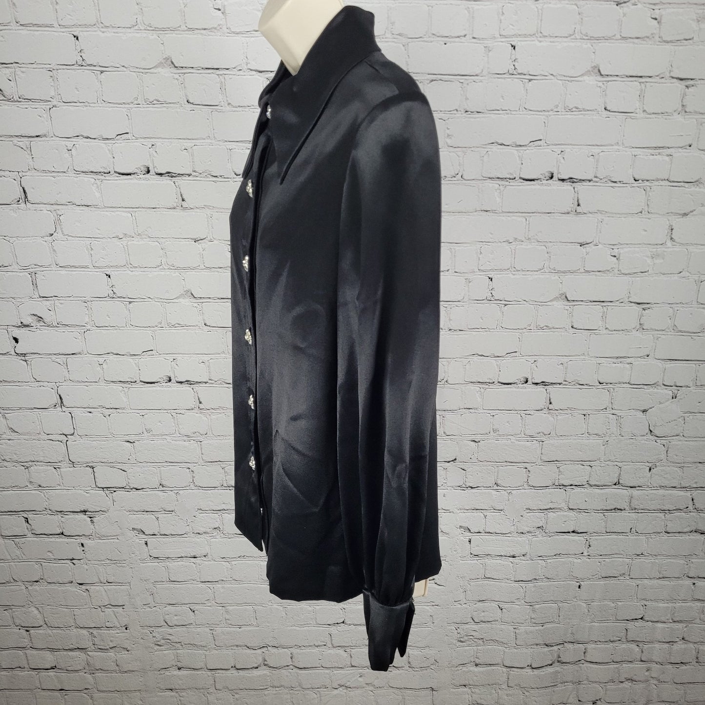 VTG Unbranded Black Satin Button Up Long Sleeve Blouse USA Union Made Size 14