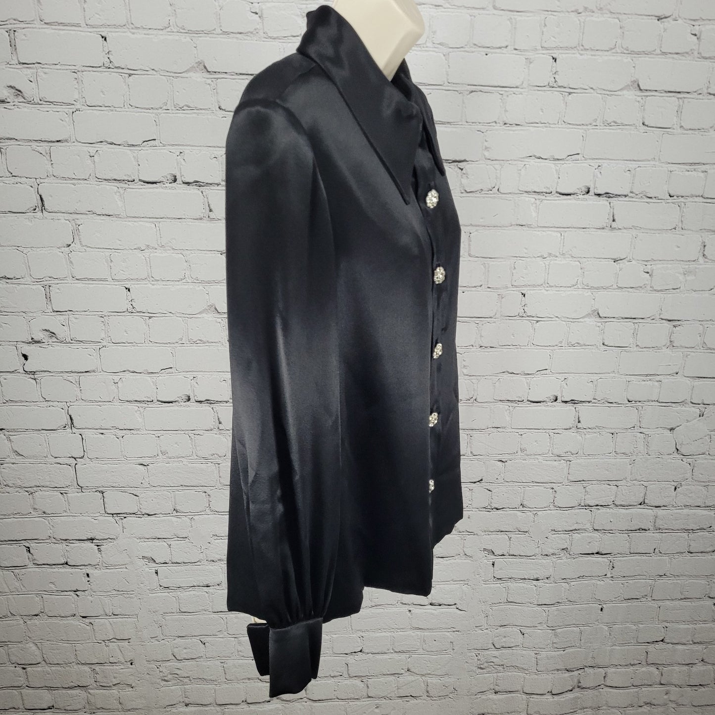 VTG Unbranded Black Satin Button Up Long Sleeve Blouse USA Union Made Size 14