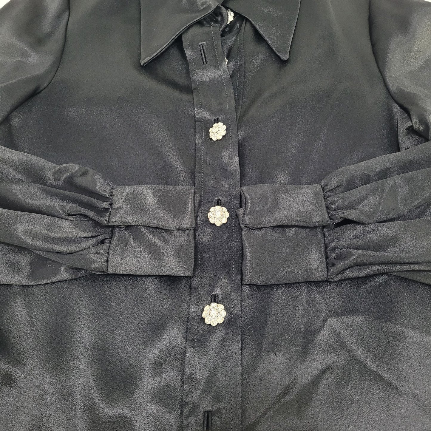 VTG Unbranded Black Satin Button Up Long Sleeve Blouse USA Union Made Size 14