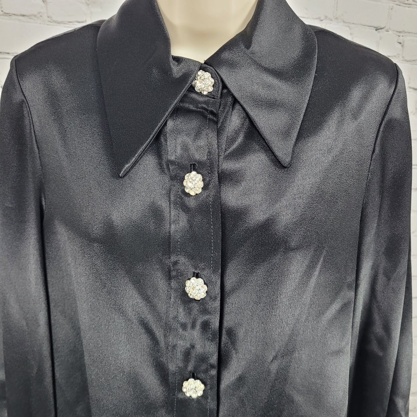 VTG Unbranded Black Satin Button Up Long Sleeve Blouse USA Union Made Size 14