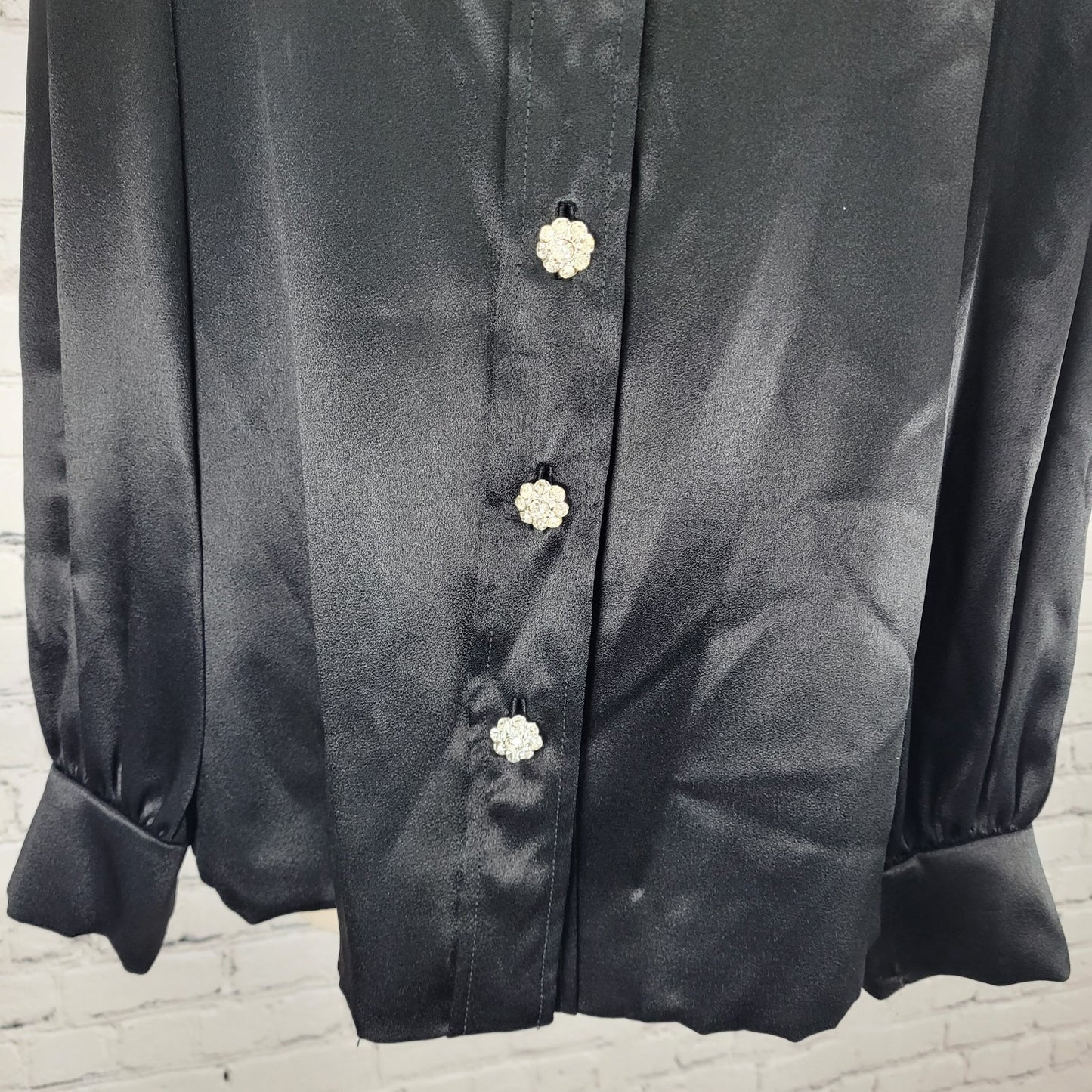 VTG Unbranded Black Satin Button Up Long Sleeve Blouse USA Union Made Size 14