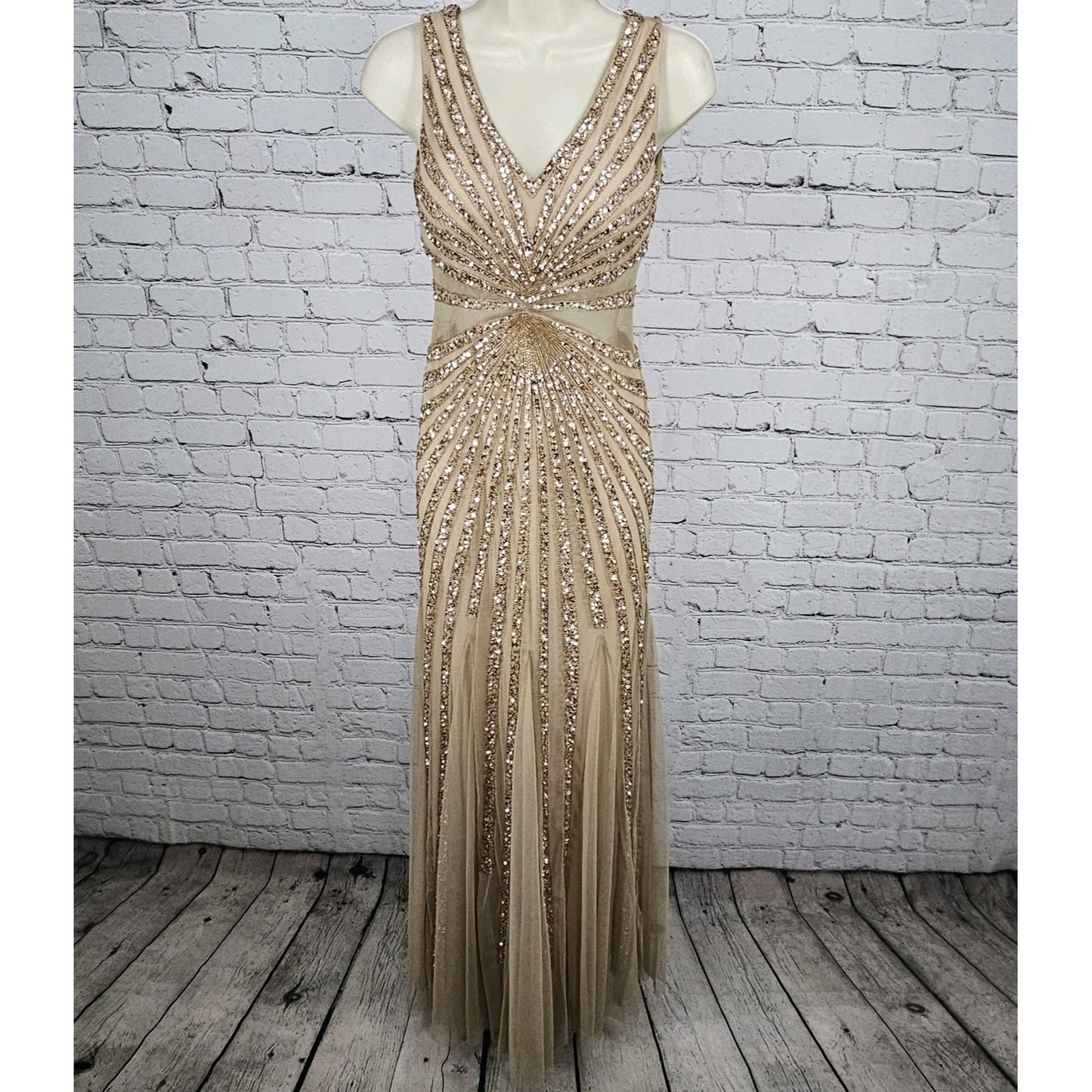 Adrianna Papell Beige Pink Beaded Sequin Sheer Waist Gown Formal Maxi Dress 0