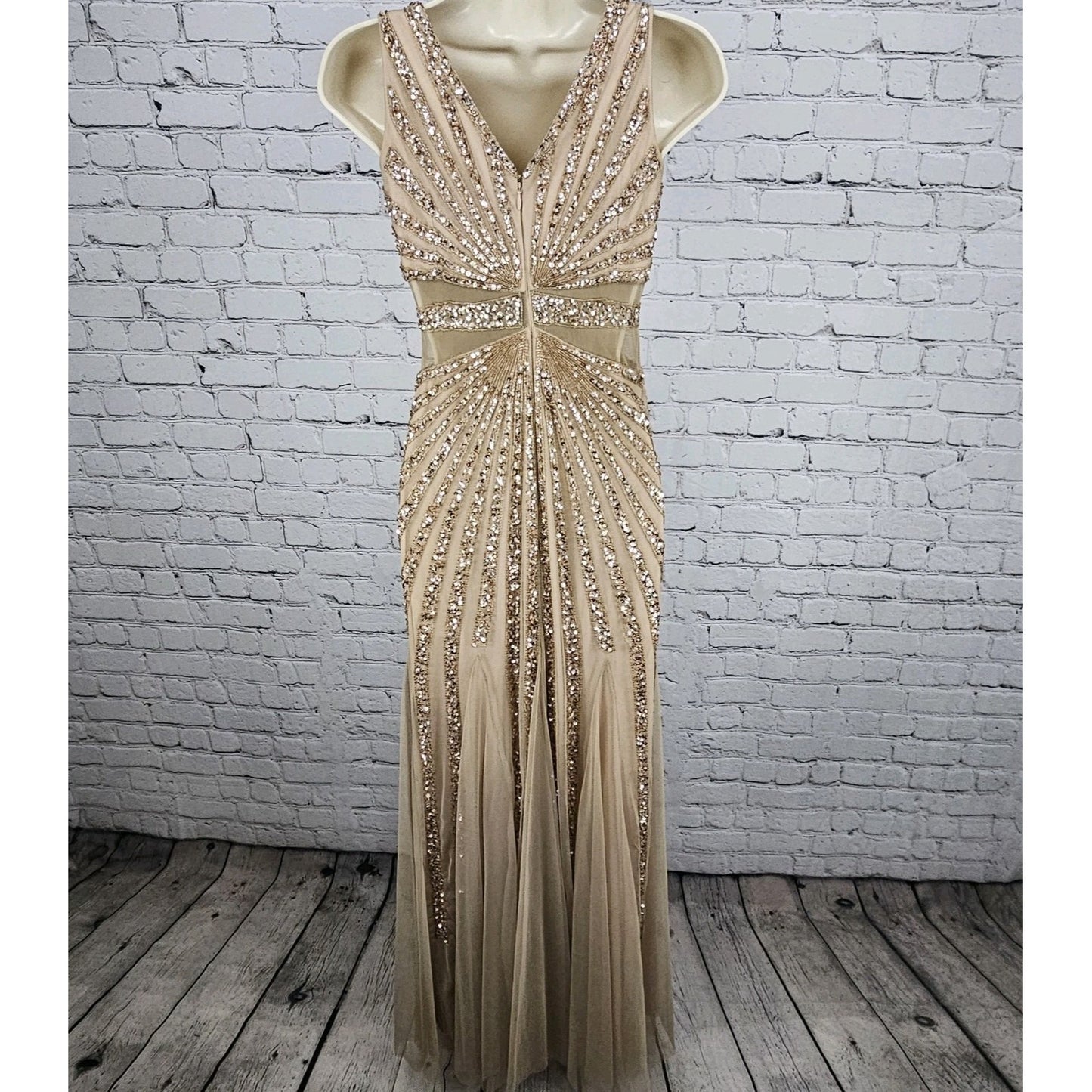 Adrianna Papell Beige Pink Beaded Sequin Sheer Waist Gown Formal Maxi Dress 0
