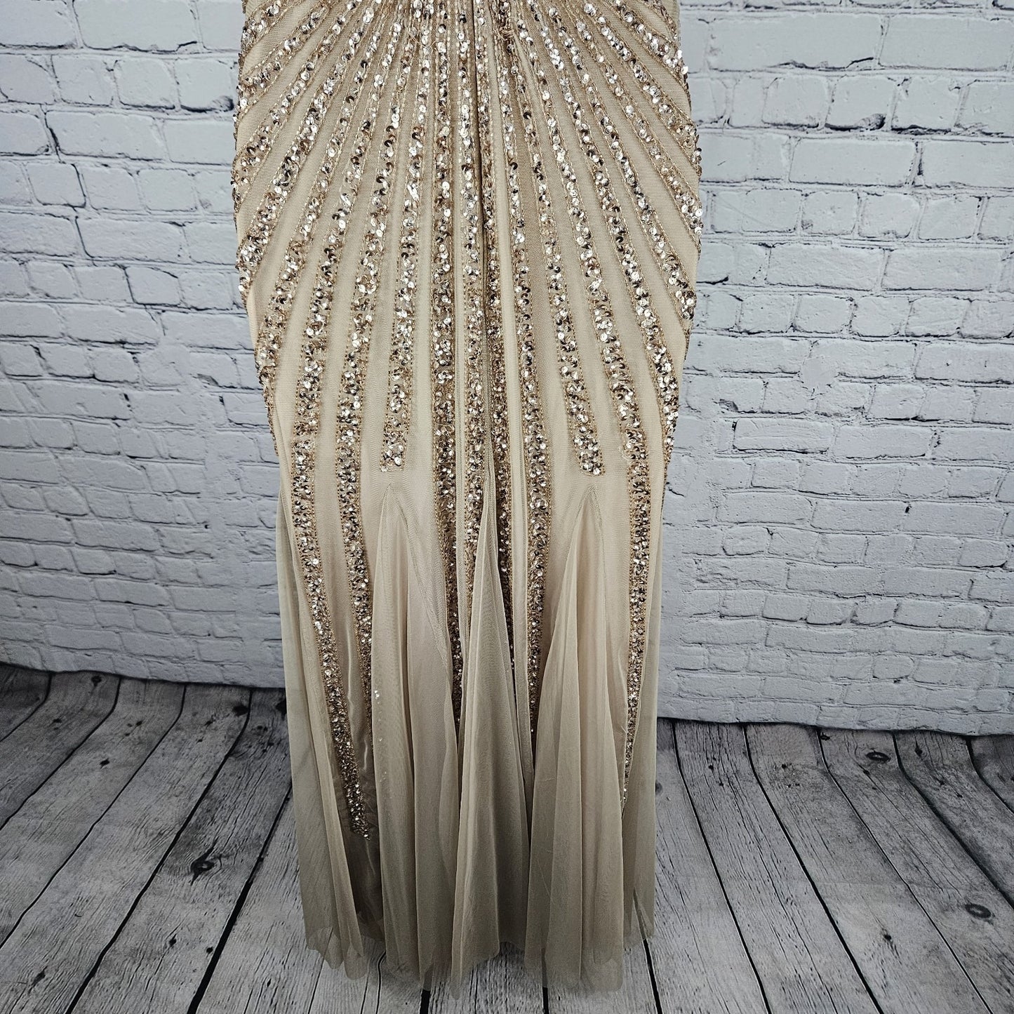 Adrianna Papell Beige Pink Beaded Sequin Sheer Waist Gown Formal Maxi Dress 0