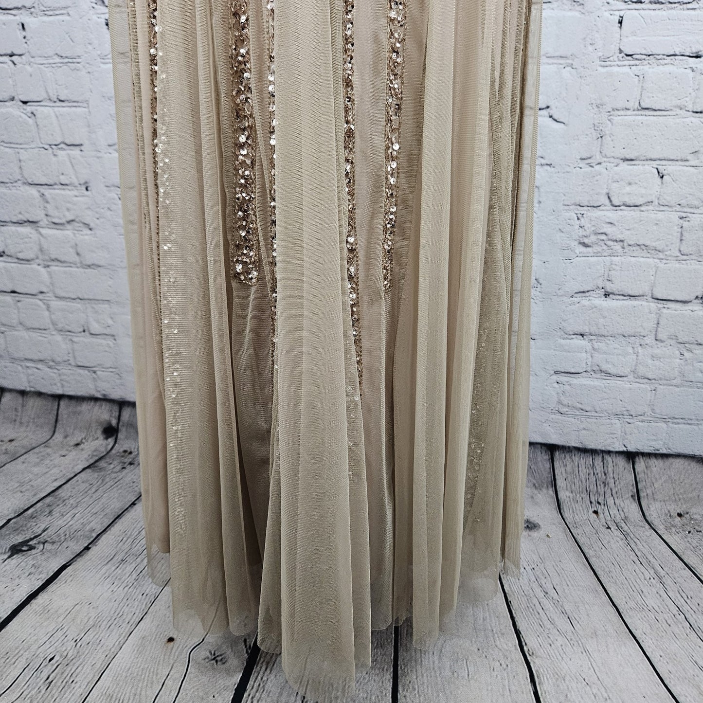 Adrianna Papell Beige Pink Beaded Sequin Sheer Waist Gown Formal Maxi Dress 0