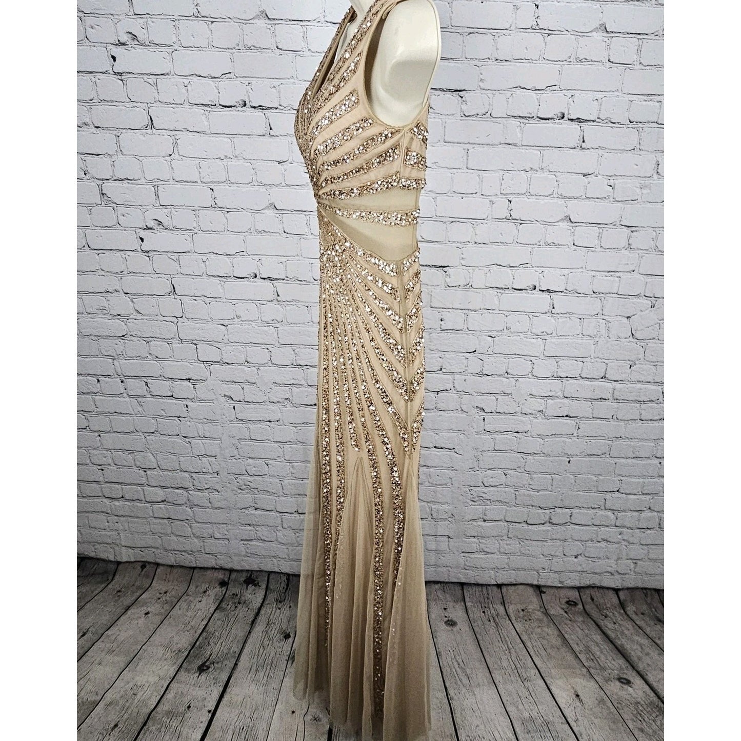 Adrianna Papell Beige Pink Beaded Sequin Sheer Waist Gown Formal Maxi Dress 0