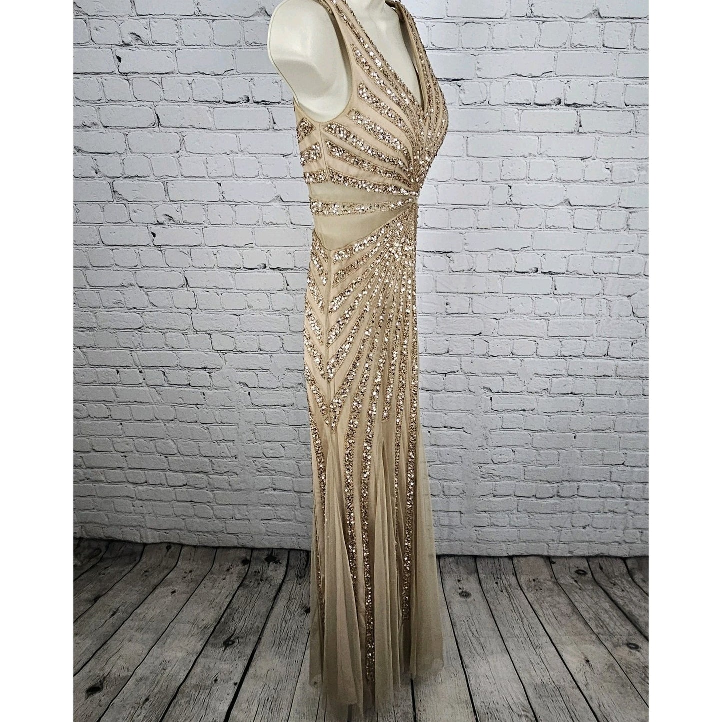Adrianna Papell Beige Pink Beaded Sequin Sheer Waist Gown Formal Maxi Dress 0