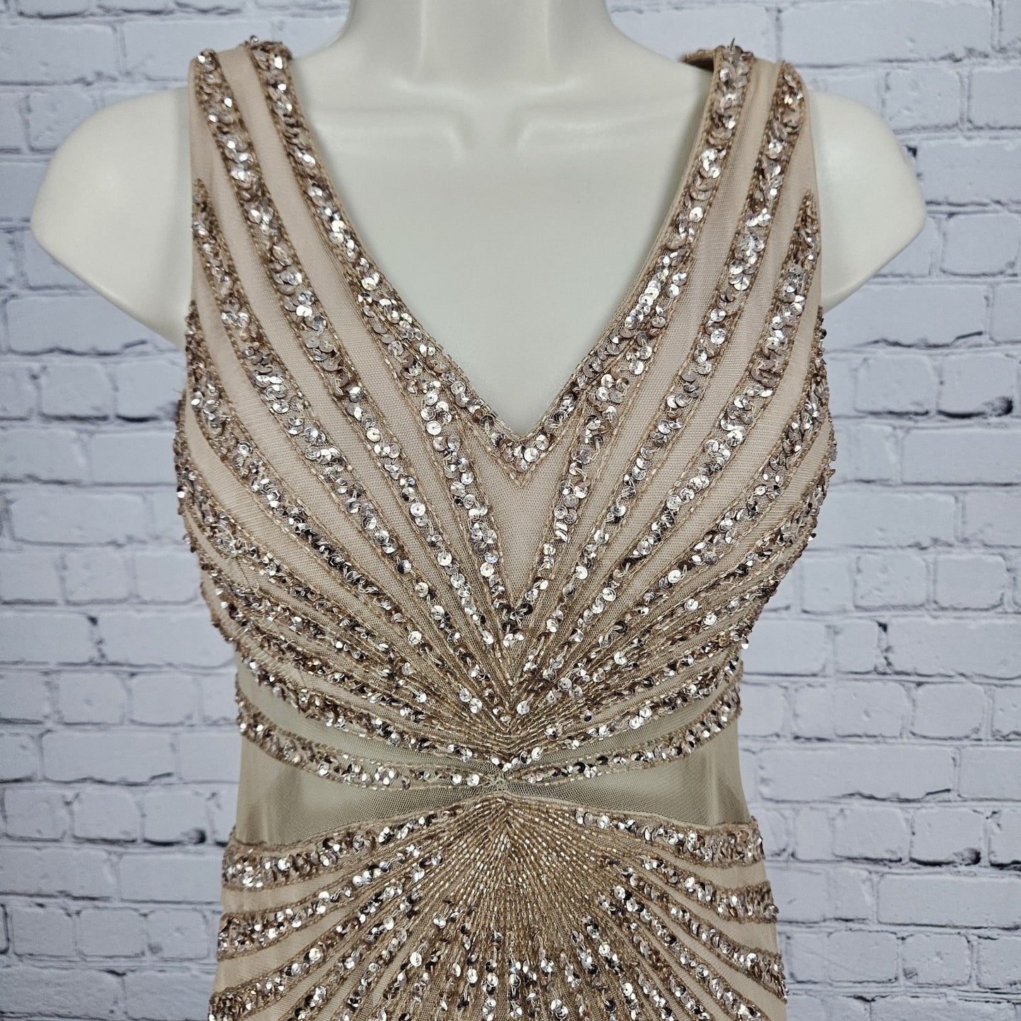 Adrianna Papell Beige Pink Beaded Sequin Sheer Waist Gown Formal Maxi Dress 0