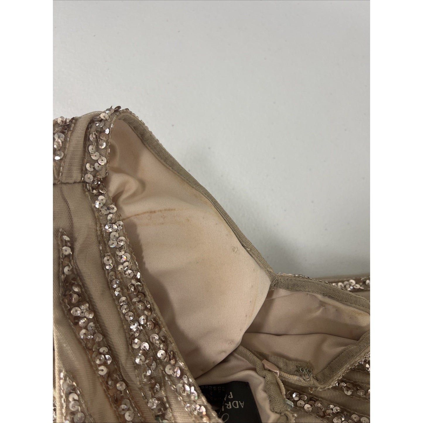 Adrianna Papell Beige Pink Beaded Sequin Sheer Waist Gown Formal Maxi Dress 0