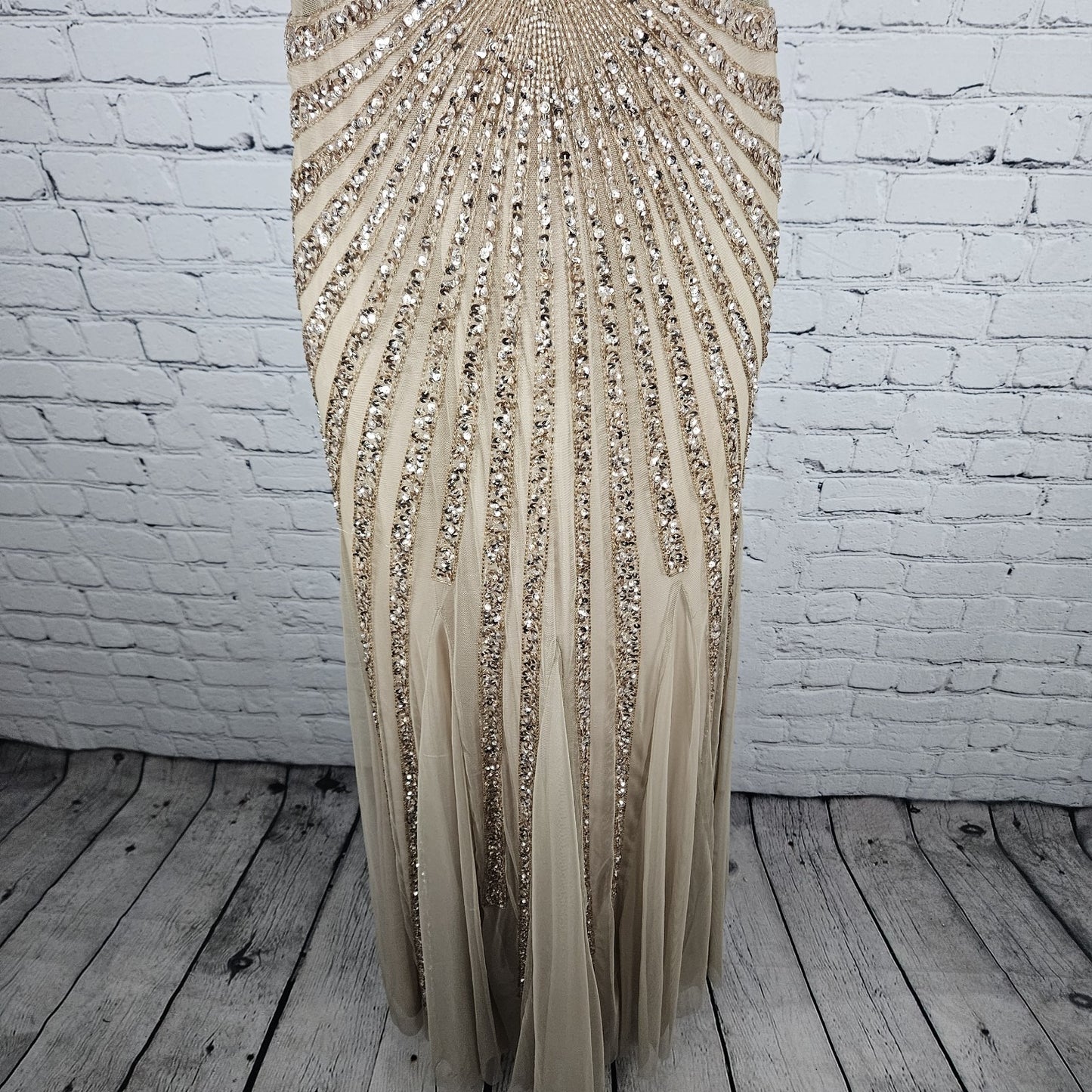 Adrianna Papell Beige Pink Beaded Sequin Sheer Waist Gown Formal Maxi Dress 0