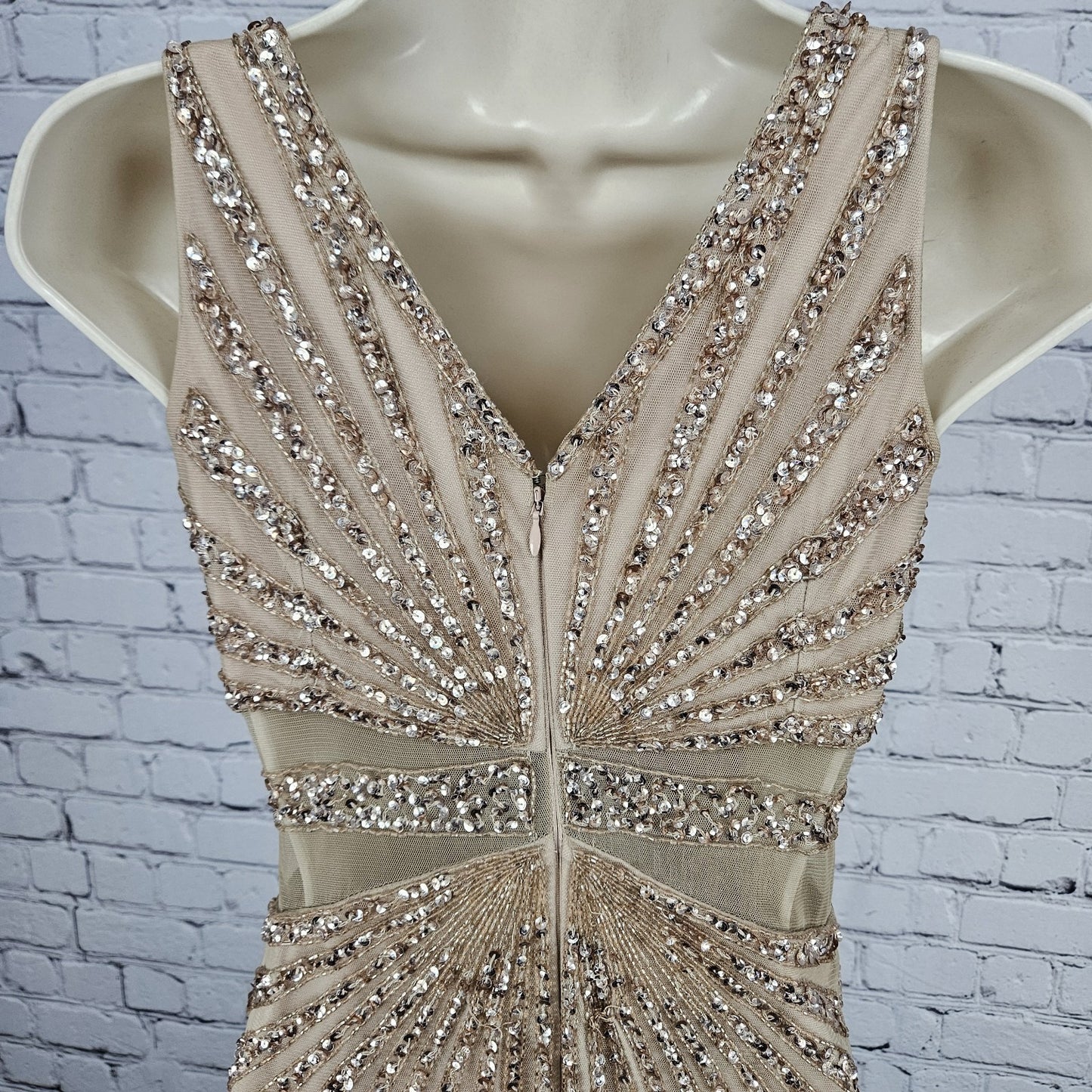 Adrianna Papell Beige Pink Beaded Sequin Sheer Waist Gown Formal Maxi Dress 0