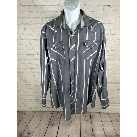 VTG Sheplers Blue Striped Lightweight Pearl Snap Long Sleeve Button Up Shirt XL