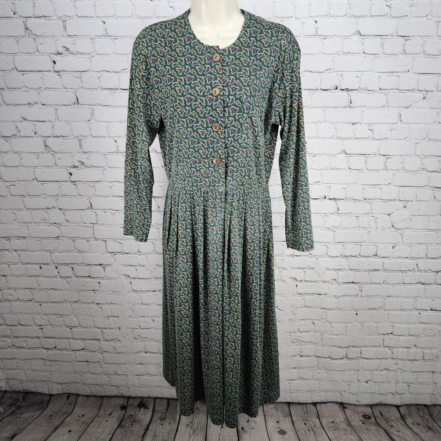 VTG Talbots Sara Campbell Green Paisley Long Sleeve A-Line Midi Dress USA Small