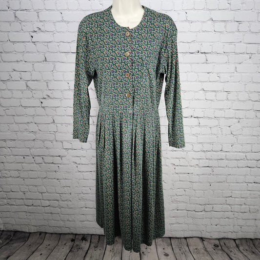VTG Talbots Sara Campbell Green Paisley Long Sleeve A-Line Midi Dress USA Small