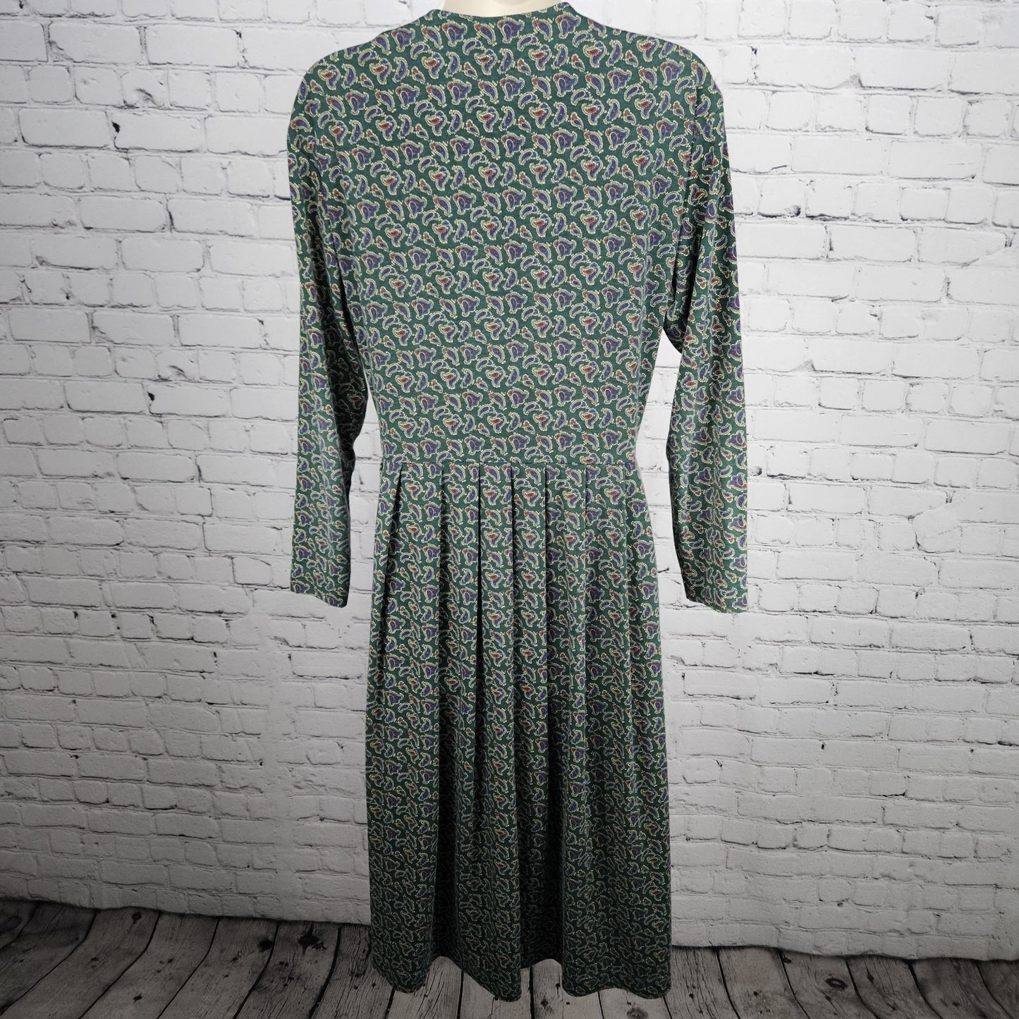 VTG Talbots Sara Campbell Green Paisley Long Sleeve A-Line Midi Dress USA Small