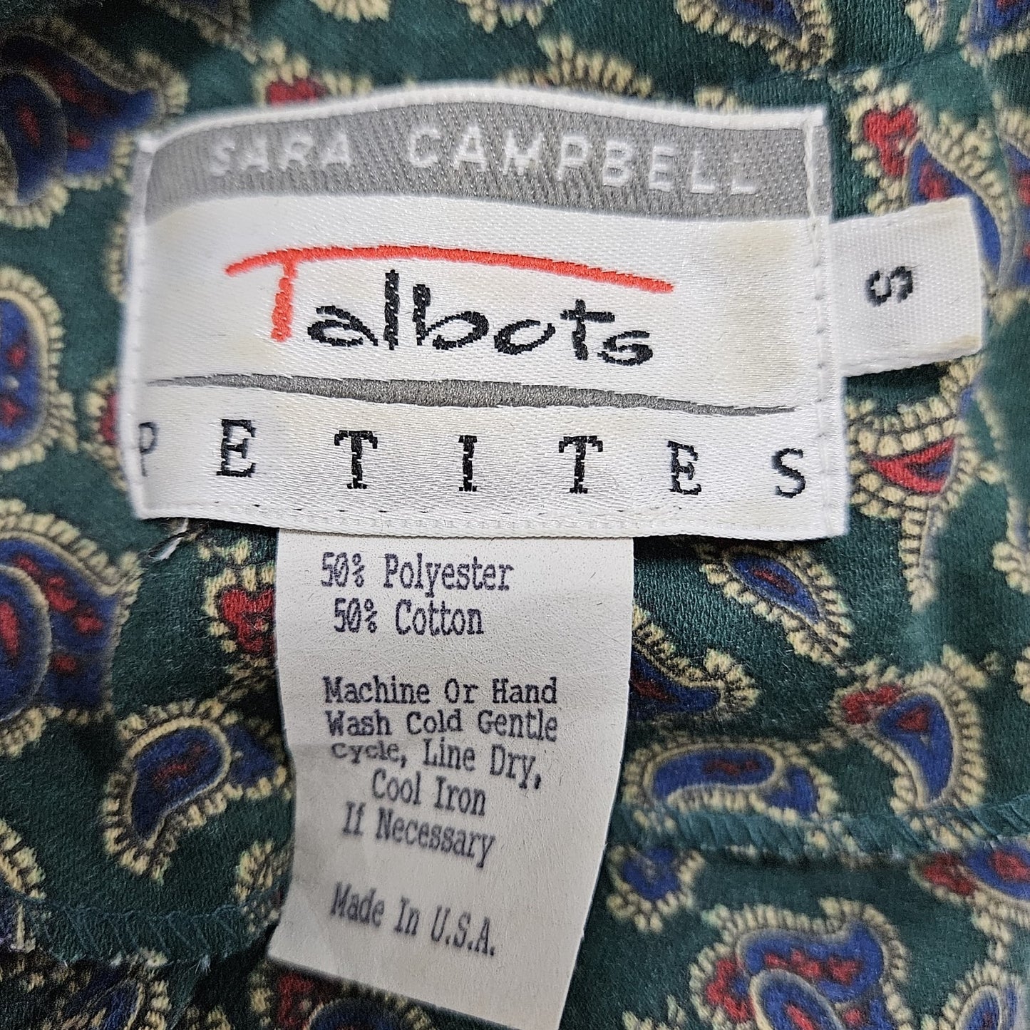 VTG Talbots Sara Campbell Green Paisley Long Sleeve A-Line Midi Dress USA Small