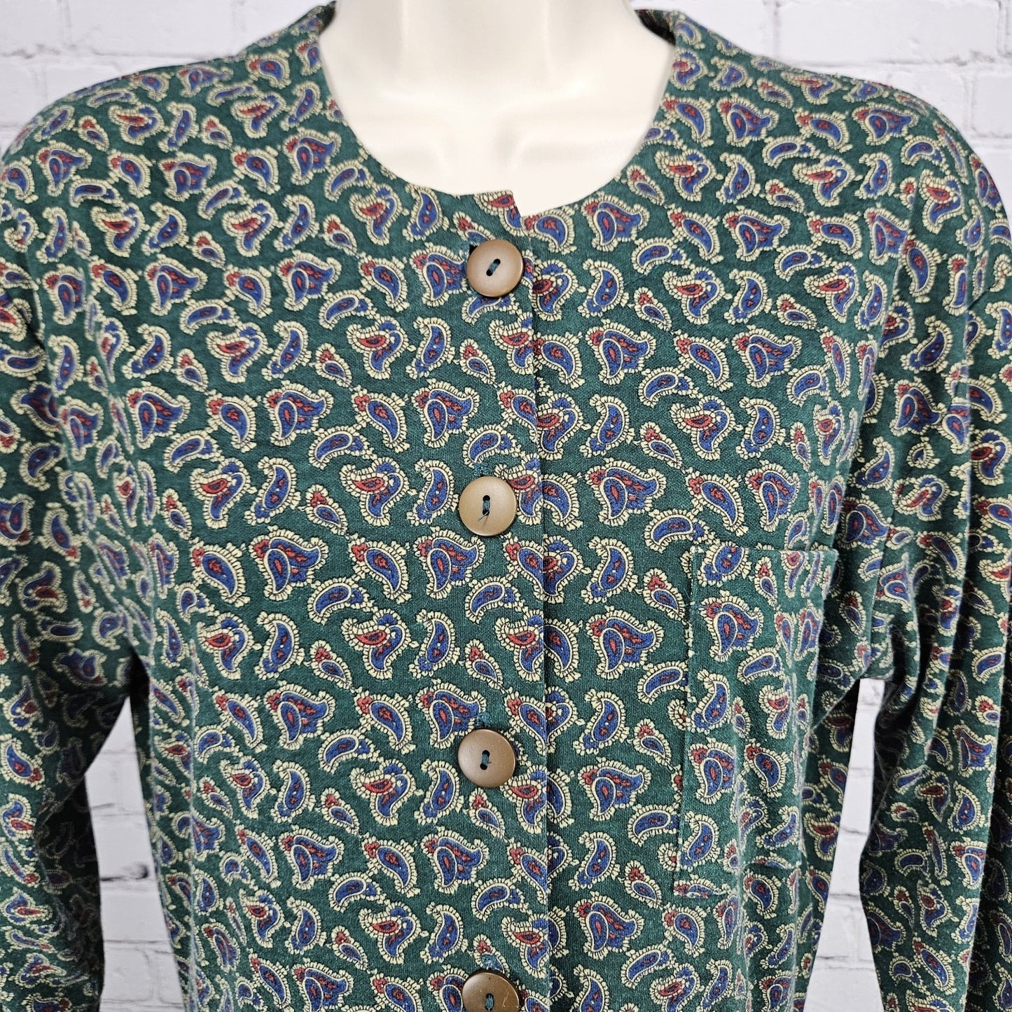 VTG Talbots Sara Campbell Green Paisley Long Sleeve A-Line Midi Dress USA Small