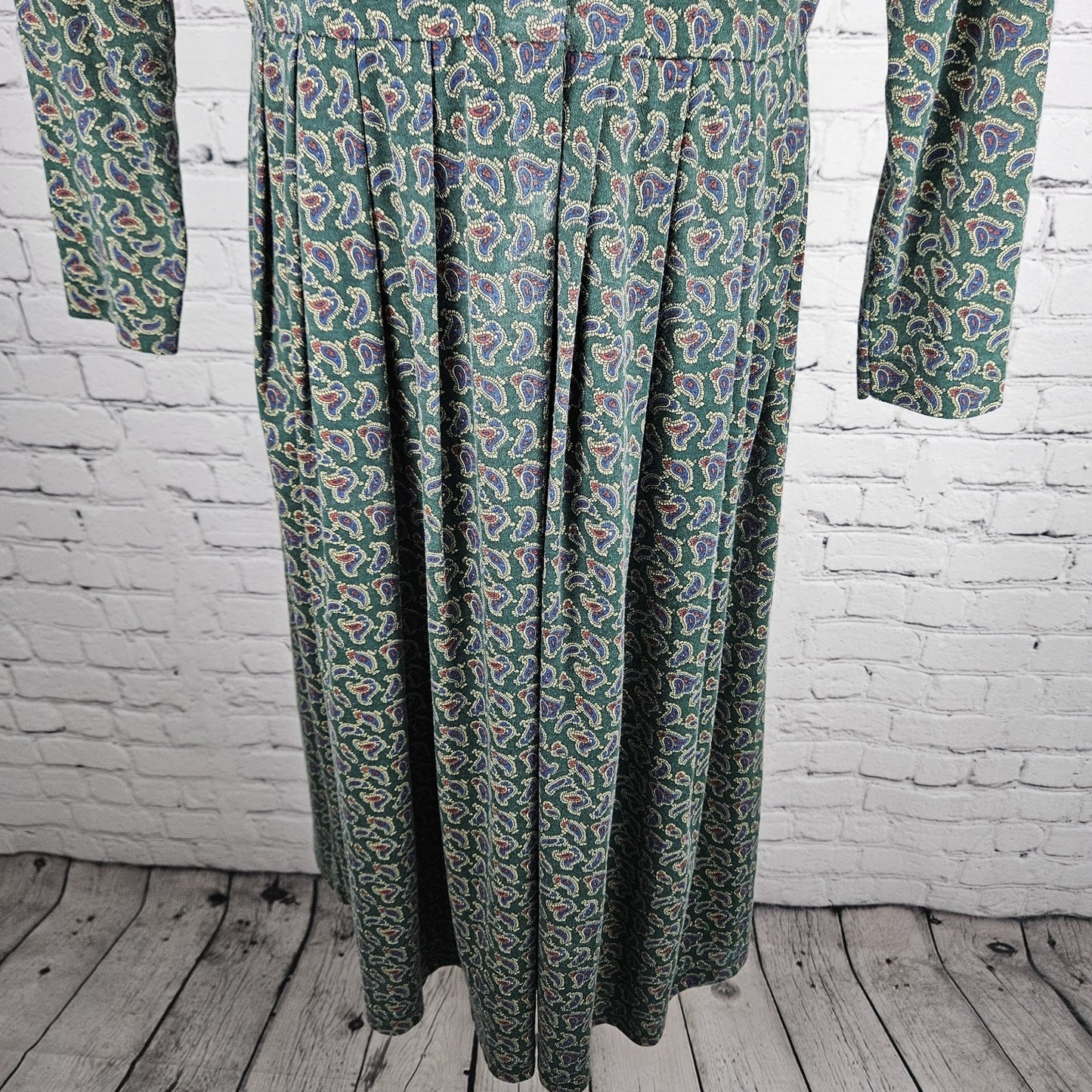 VTG Talbots Sara Campbell Green Paisley Long Sleeve A-Line Midi Dress USA Small