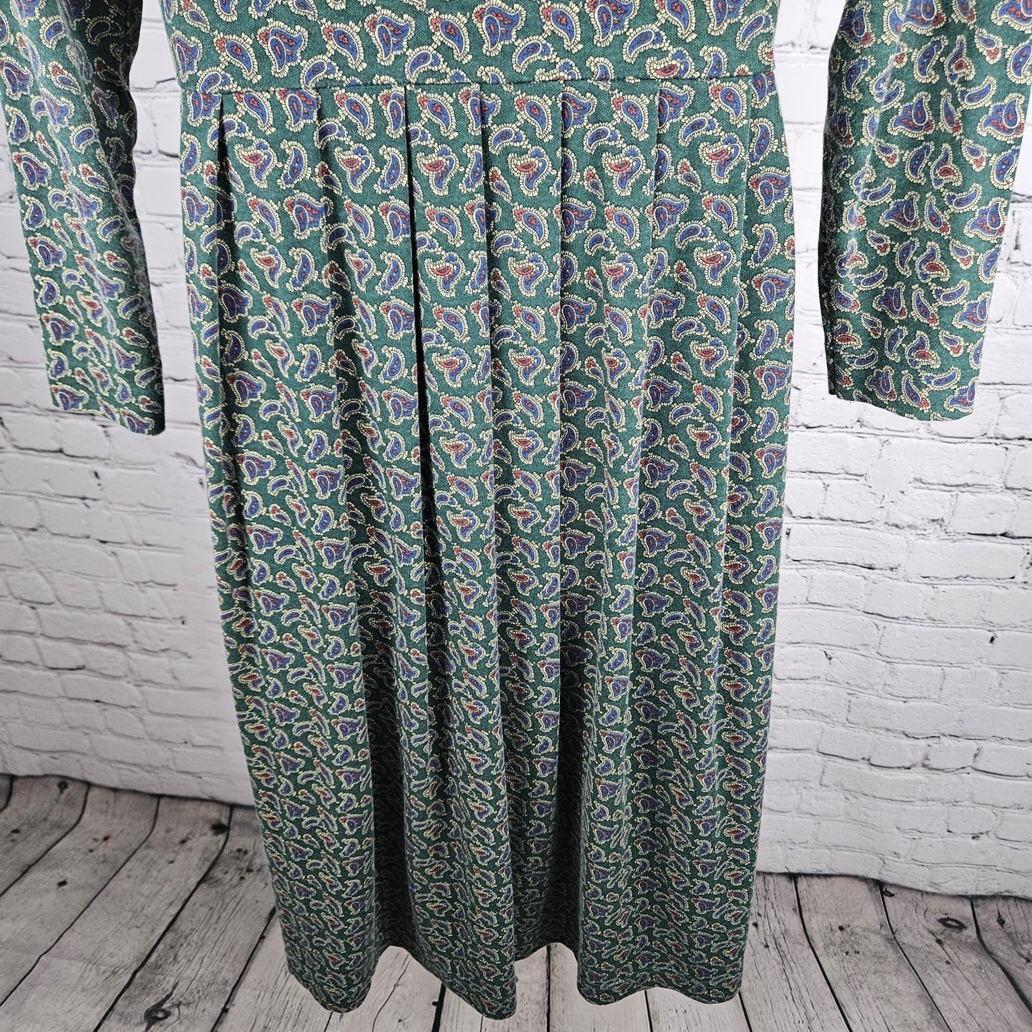 VTG Talbots Sara Campbell Green Paisley Long Sleeve A-Line Midi Dress USA Small