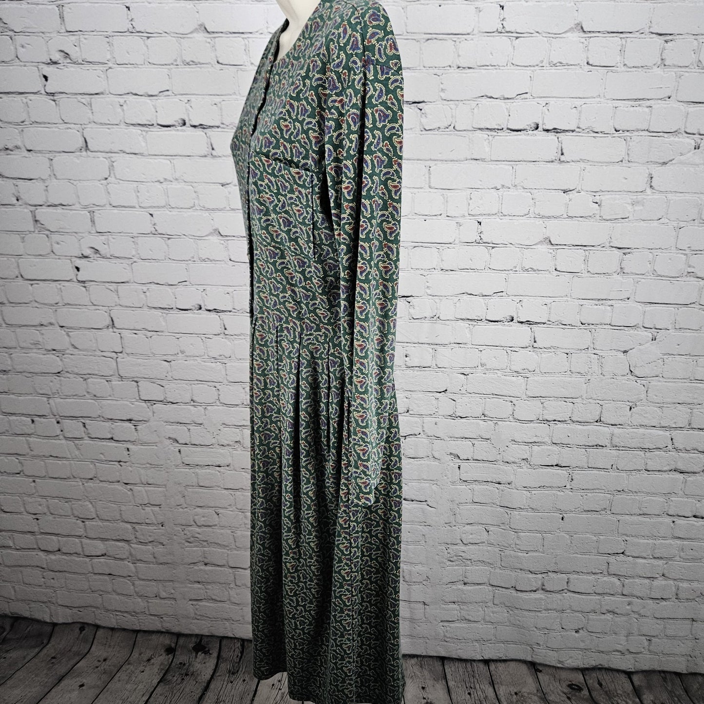 VTG Talbots Sara Campbell Green Paisley Long Sleeve A-Line Midi Dress USA Small