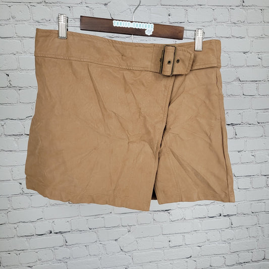 Free People Tan Brown Faux Leather Belted Buttoned Front Slit Mini Skirt Size 10