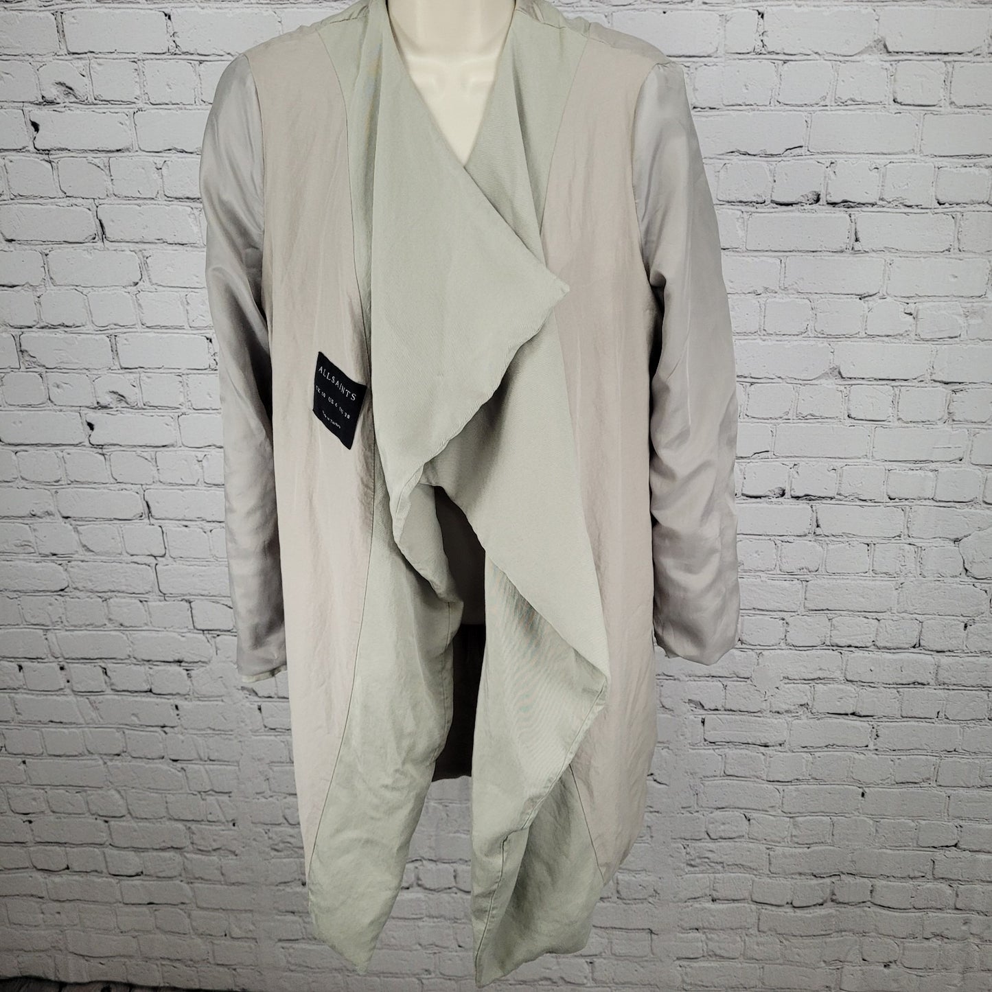 AllSaints Beige Hace Trench Open Draped Pockets Lined Lightweight Jacket Size 6