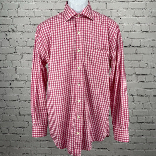 Peter Millar Pink Checkered Button Up Long Sleeve Cotton Shirt Size Medium M