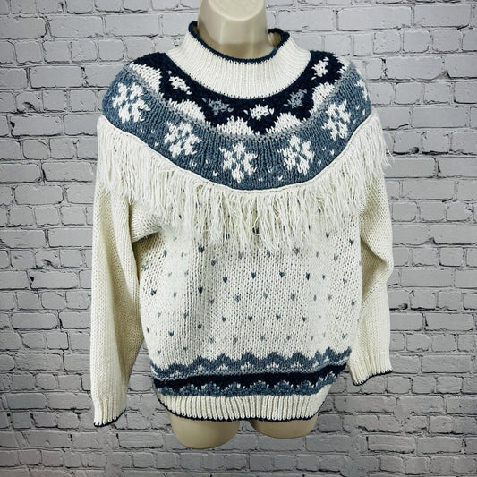 VTG Huntington Ridge White Blue Sweater Snowflake Fringe Hand Knit Women’s M