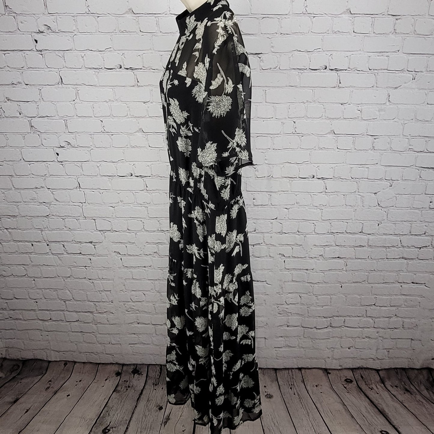 Lulus Black Floral Chiffon Short Sleeve Lined Tiered Midi Sun Dress XL