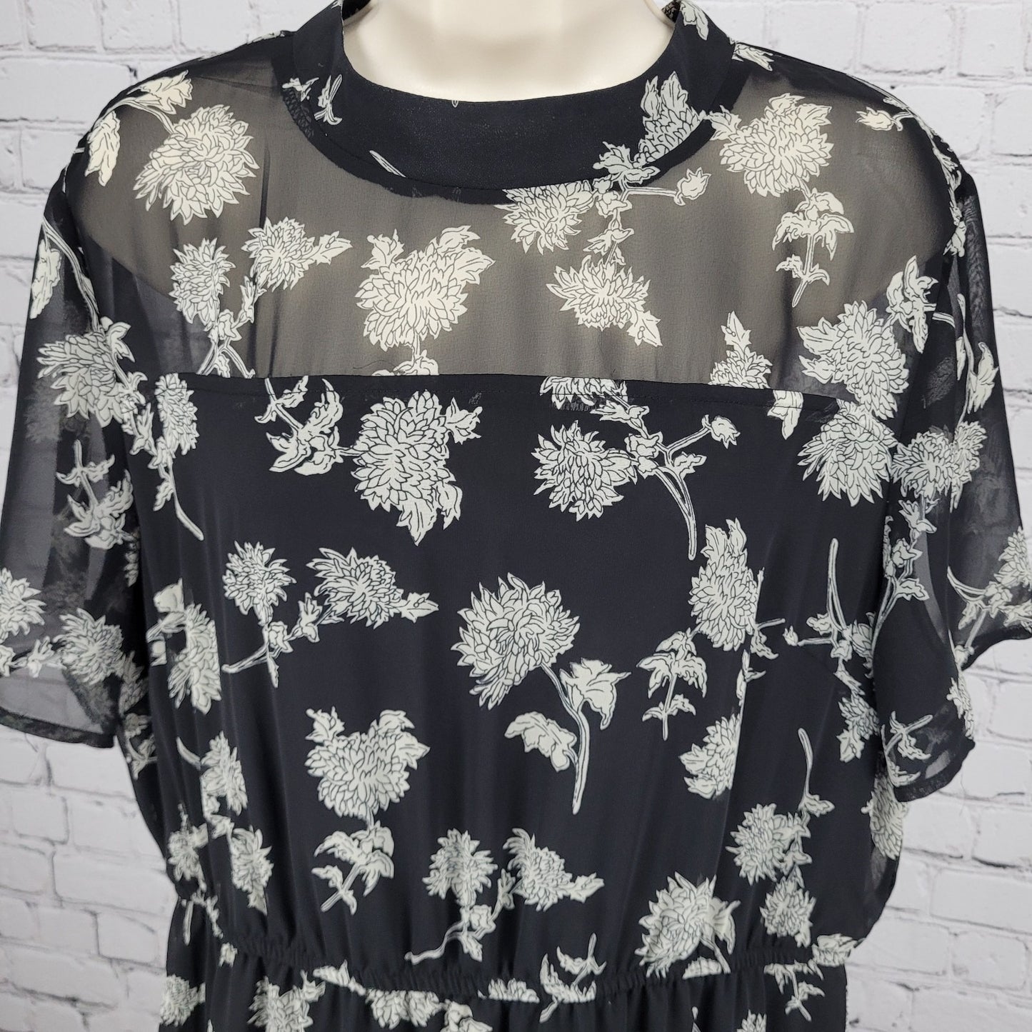 Lulus Black Floral Chiffon Short Sleeve Lined Tiered Midi Sun Dress XL