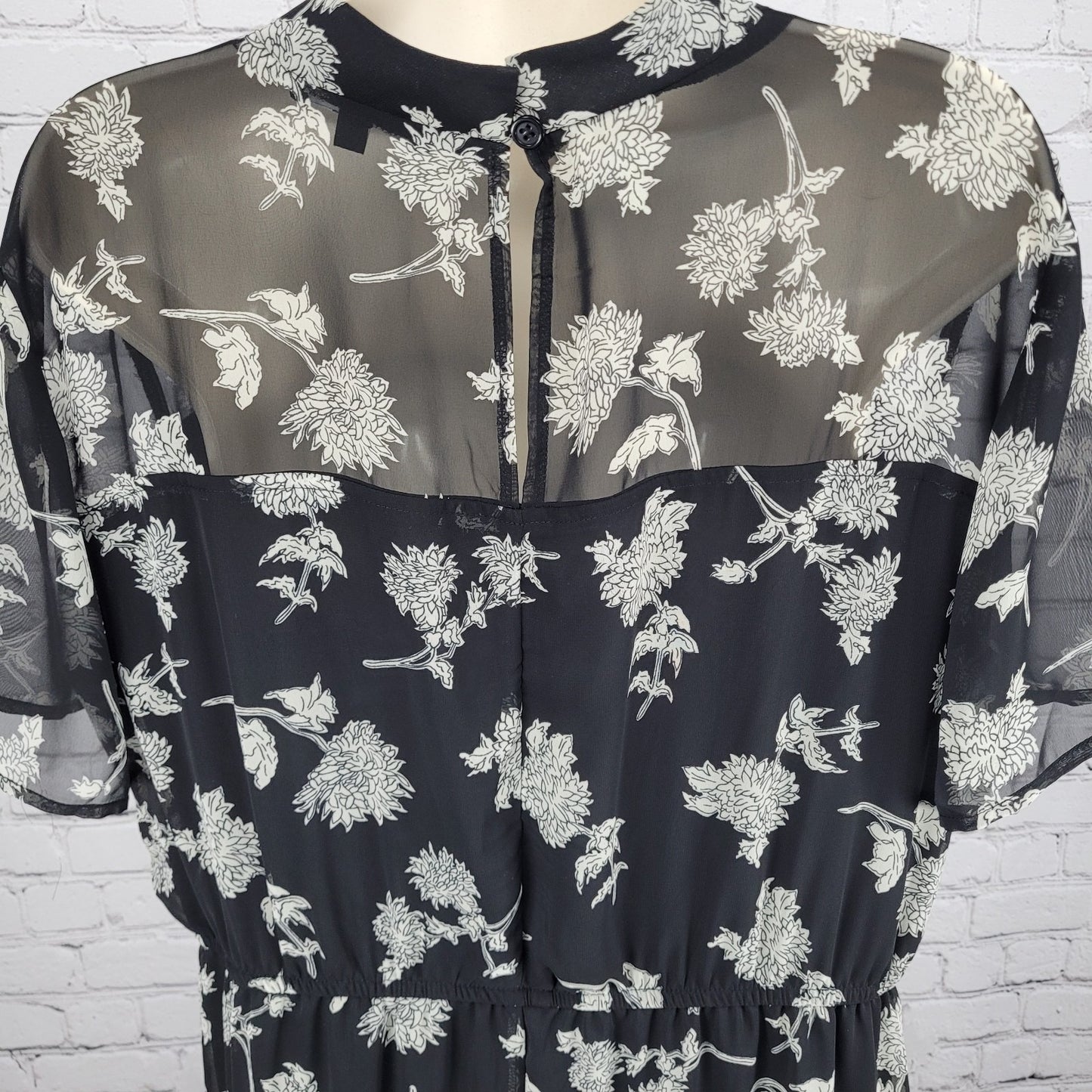 Lulus Black Floral Chiffon Short Sleeve Lined Tiered Midi Sun Dress XL