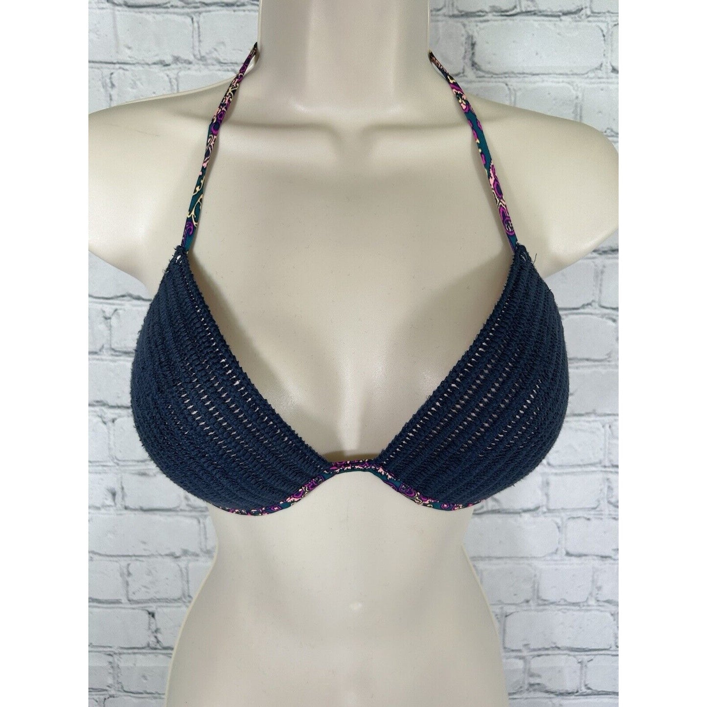 Shade & Shore Navy Blue Crochet Shell Floral Push-up Halter Swim Bikini Top 32D